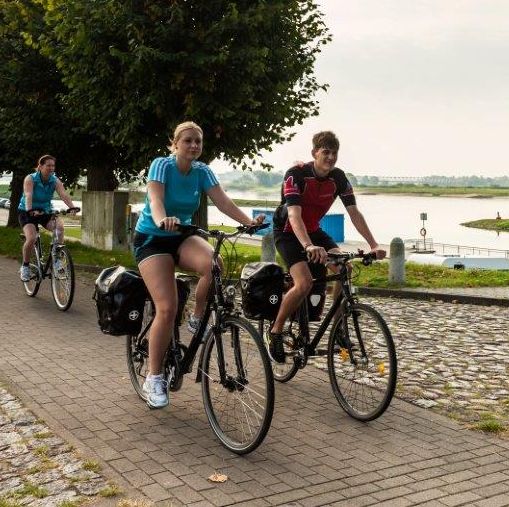 Gruppe von Radfahrern an der Elbe